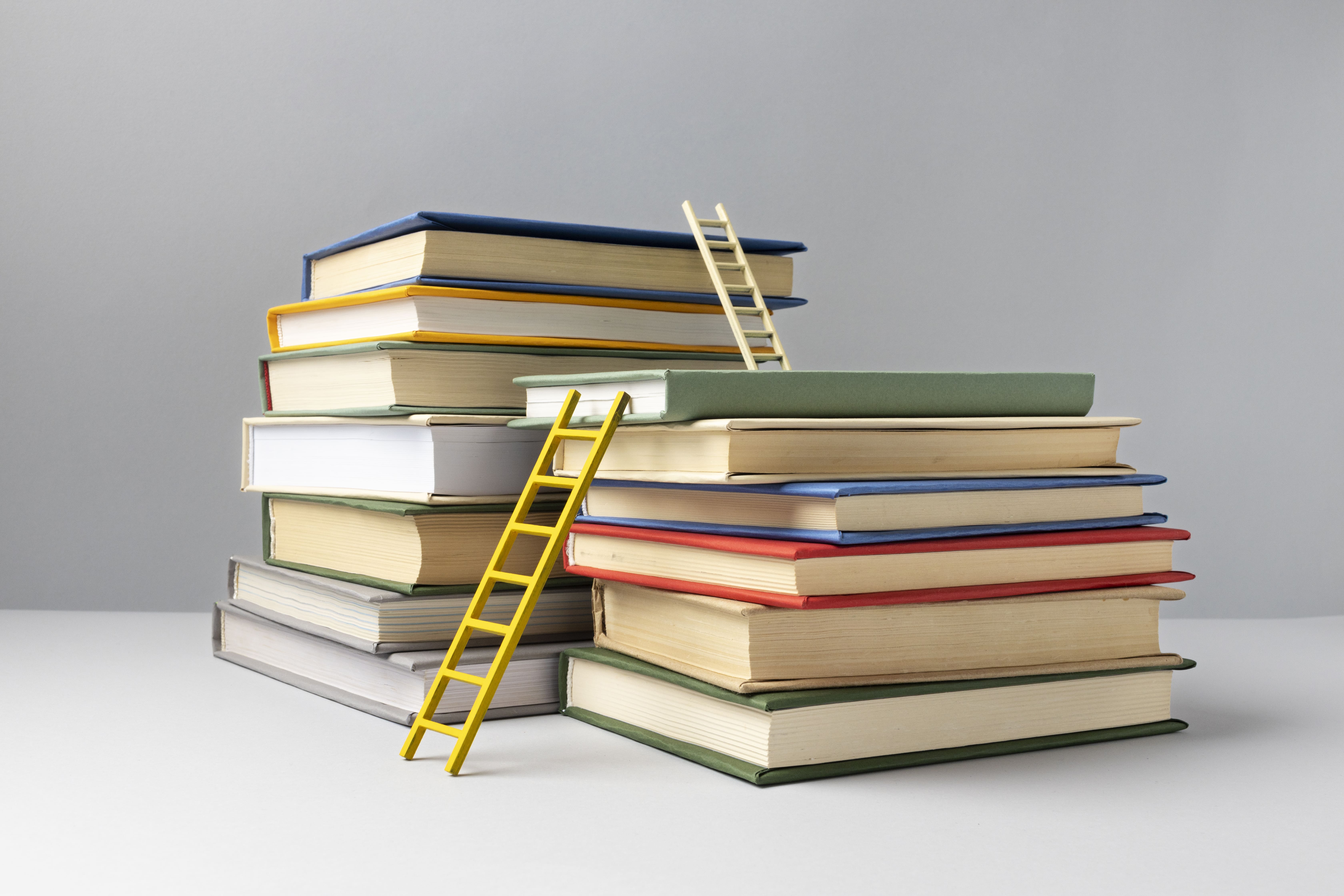 A stack of books with a ladder on a white background, symbolizing the journey of knowledge.