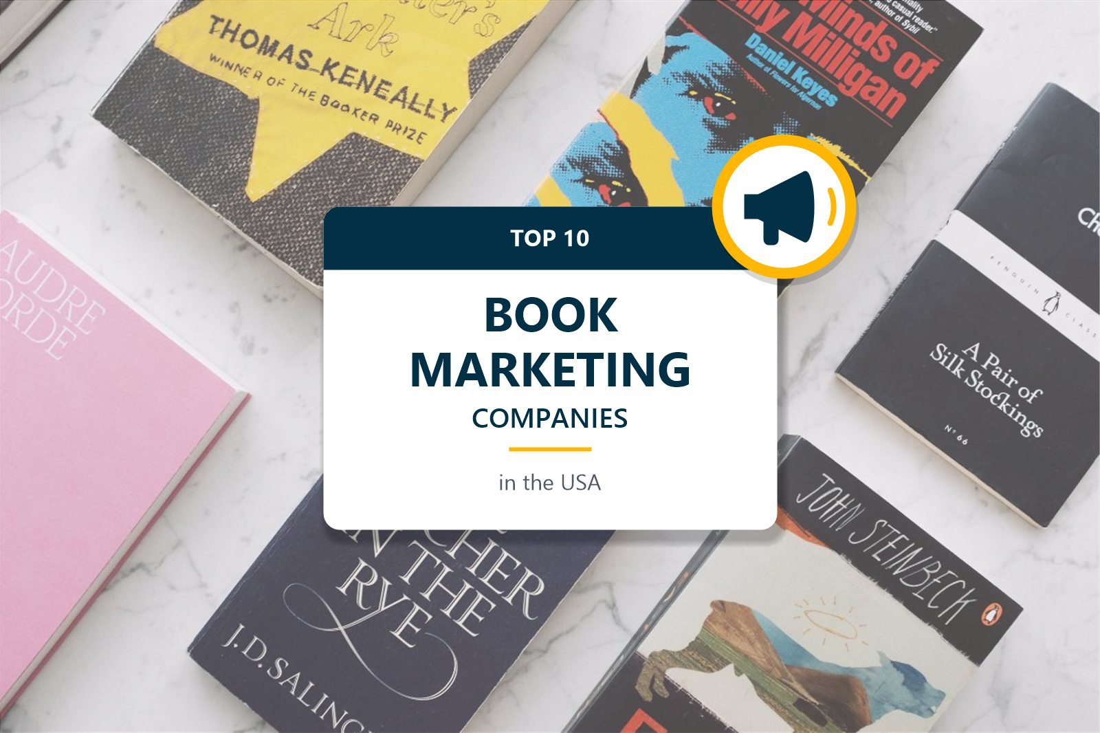 Top 10 book marketing companies in the USA card with a megaphone over a table of books