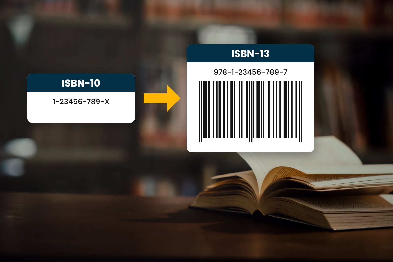 ISBN-10 number converting to an ISBN-13 barcode beside an open book