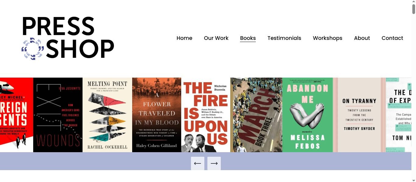 Independent book publicist website showing client book covers