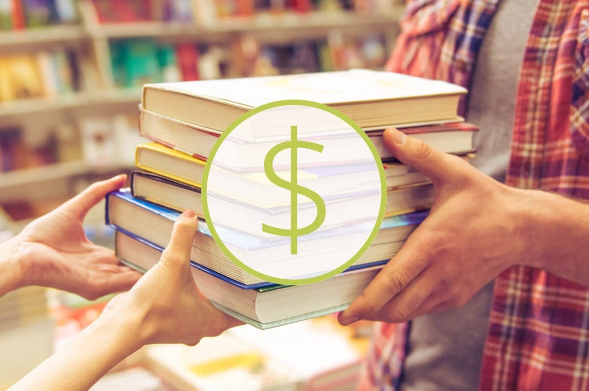 Stack of books changing hands with a dollar sign, representing the cost to publish a book